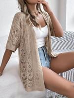 【plus Size】 Solid  Crochet Cardigan, Casual Open Front Short Sleeve Knitwear for Daily Wear, Women's Plus Knitting Clothi...