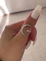 Women's Elegant Rhinestone Decorated Moon & Star Design Ring, Exquisite Trendy Ring for Daily Use, Fashionable Jewelry for Wo...