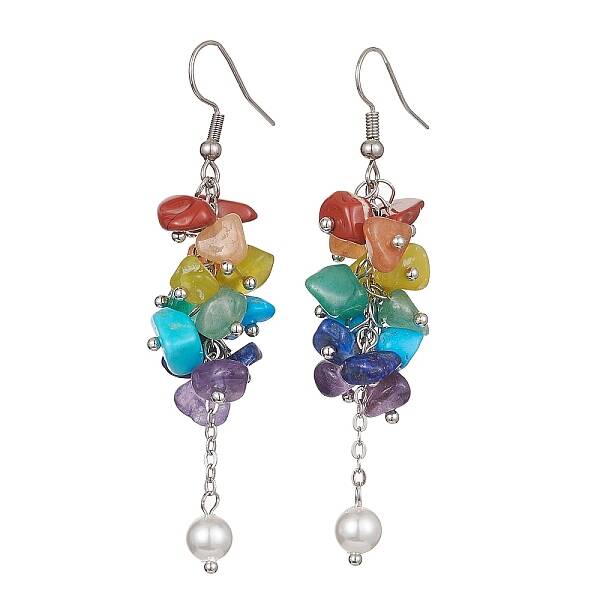 Natural Mixed Gemstone Chips Cluster Earrings