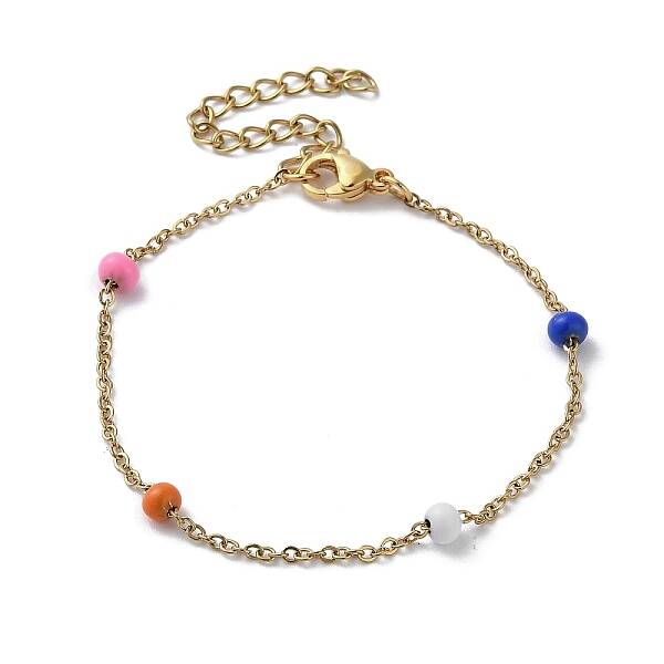 PVD Vacuum Plating Golden 304 Stainless Steel Cable Chain Bracelet with Enamel Rondelle Beaded