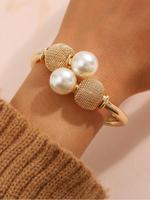 Vintage Faux Pearl Decorated Cuff Bangle, Hand Chain, Fashion Jewelry for Party, Daily Clothing Decor, Trendy All-match & Exq...