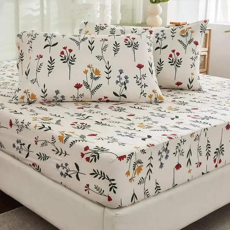 Floral Print Fitted Sheet & Pillowcase Set, 3 Counts/set Including 1 Fitted Sheet & 2 Pillowcases, Room Accessories Soft Com...