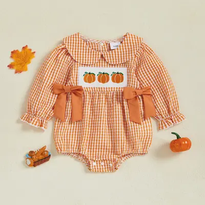 Infant Baby Girl Halloween Plaid Romper Pumpkin Embroidery Long Sleeve Doll Collar Bow Decor Jumpsuit