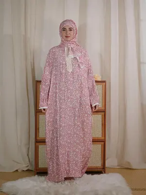 Women's Ditsy Floral Print Contrast Lace Lettuce Trim Arabian Hijab All-in-one Dress, Elegant Bishop Sleeve Zipper Long Sleev...