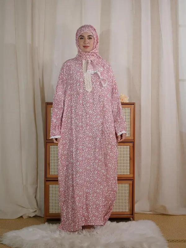 Women's Ditsy Floral Print Contrast Lace Lettuce Trim Arabian Hijab All-in-one Dress, Elegant Bishop Sleeve Zipper Long Sleev...