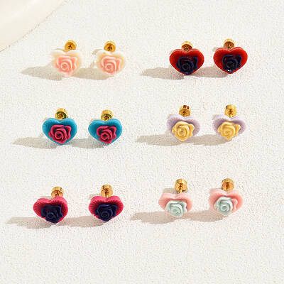 6 Pairs Elegant Colorful Rose Flower Stud Earrings Set for Women