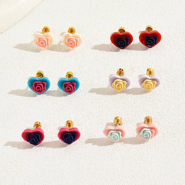 6 Pairs Elegant Colorful Rose Flower Stud Earrings Set for Women