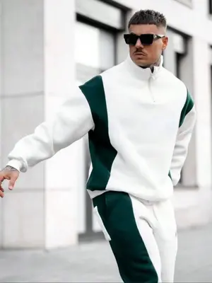 Men's Colorblock Zip Up Drop Shoulder Sweatshirt, Regular Fit Casual Long Sleeve High Neck Pullover for Fall & Winter, Men's ...