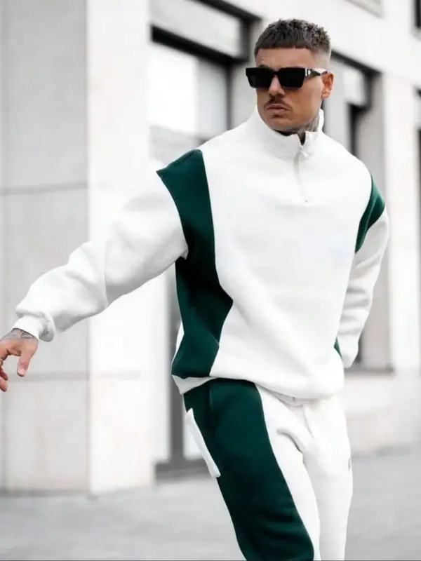 Men's Colorblock Zip Up Drop Shoulder Sweatshirt, Regular Fit Casual Long Sleeve High Neck Pullover for Fall & Winter, Men's ...