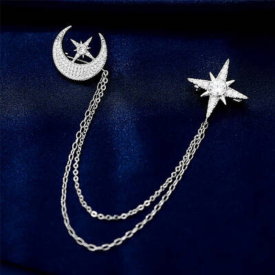 Cubic Zirconia Moon & Star Lapel Pin with Hanging Safety Chains