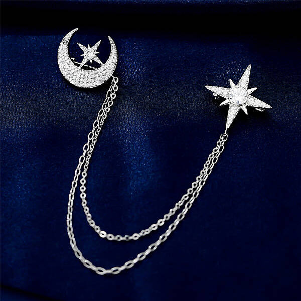 Cubic Zirconia Moon & Star Lapel Pin with Hanging Safety Chains