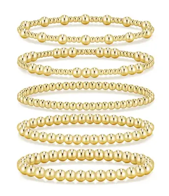 17km Gold Bracelets for Women Waterproof, 14K Gold Plated Beaded Strand Bead Ball Bracelets stack Adjustable Jewelry Set for ...