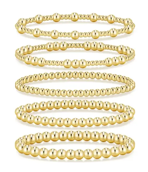 17km Gold Bracelets for Women Waterproof, 14K Gold Plated Beaded Strand Bead Ball Bracelets stack Adjustable Jewelry Set for ...