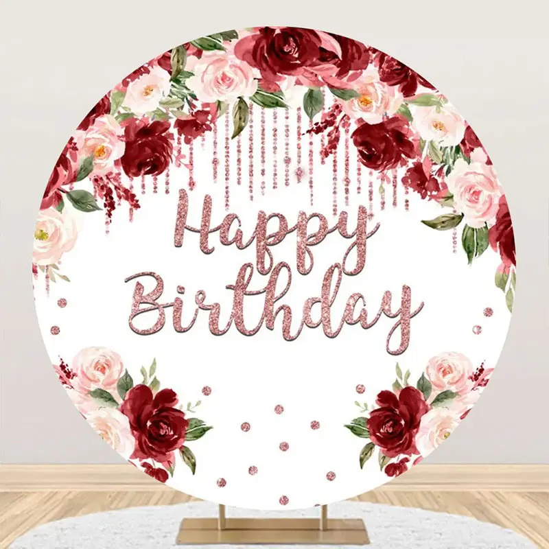 Aperturee Red Pink Floral Rose Gold Round Birthday Backdrop - Aperturee