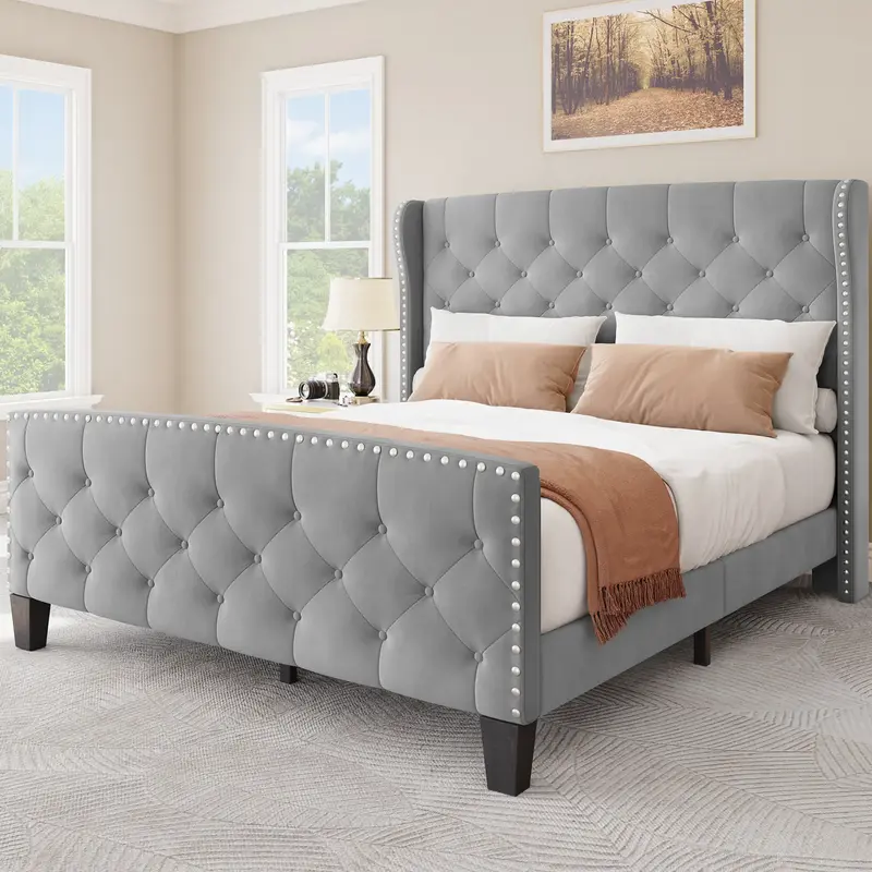 YITAHOME Bed Frame Queen Size, Platform Bed with Velvet Headboard & Footboard, Wingback Upholstered Bed Frame Mattress Founda...