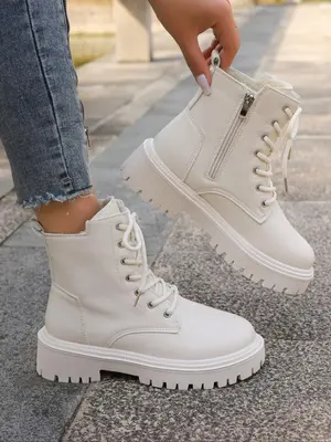 Women's Fashionable Solid Color Lace Up Platform Boots, Casual Comfortable Round Toe Boots for Daily Wear, Female All-match T...