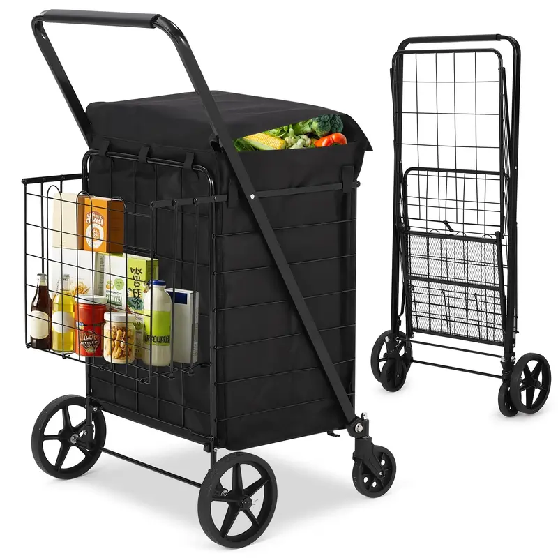 GARVEE Jumbo 200LB Folding Cart - Dual Basket w/Waterproof Liner, 360° Swivel Wheels for Grocery, Laundry & Camping (Oxford ...