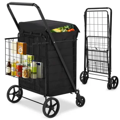 GARVEE Jumbo 200LB Folding Cart - Dual Basket w/Waterproof Liner, 360° Swivel Wheels for Grocery, Laundry & Camping (Oxford ...