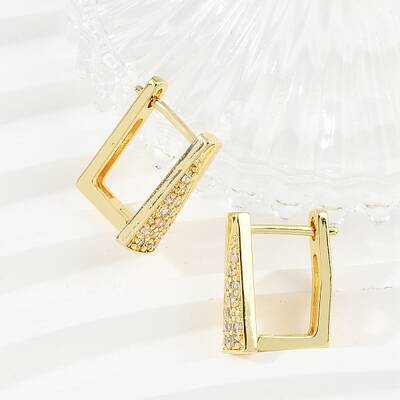 Rectangle Brass Micro Pave Clear Cubic Zirconia Hoop Earrings