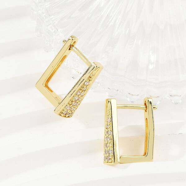 Rectangle Brass Micro Pave Clear Cubic Zirconia Hoop Earrings