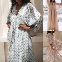 Women Long Dress, 3/4 Sleeve Dress V Neck Floral Loose Dress, Summer Casual Swing Dress, Ladies Dress for Indoor Outdoor Wear...