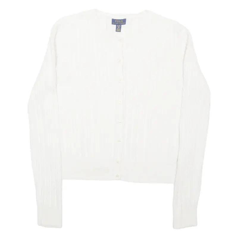 POLO RALPH LAUREN Womens Cardigan White Button Neck Cable Knit UK 16