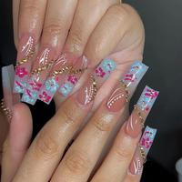 Floral Pattern Long Square Fake Nails Kit, 24pcs Full Cover Press on Nail with 1 Sheet Tape & 1 Nail File, Press on Nails Med...
