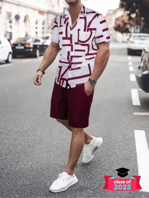 Two-Piece Set Men's Letter Print Drawstring Set, Regular Fit Casual Button Front Shirt & Elastic Waist Pocket Shorts, 2 Piece...