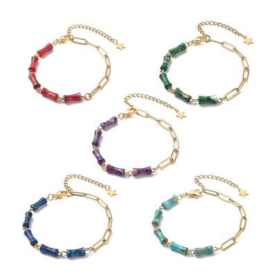 Natural Imperial Jasper(Dyed) Bamboo Joint Beaded Bracelet with Golden 304 Stainless Steel Chains for Women
