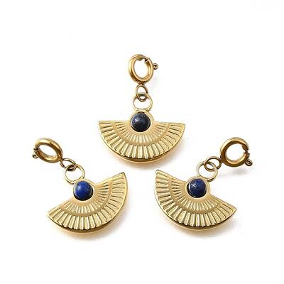 304 Stainless Steel Pave Natural Lapis Lazuli Fan Pendant Decoration
