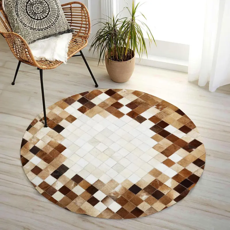 Natural Brown & Cream Calfskin Round Patchwork Rug