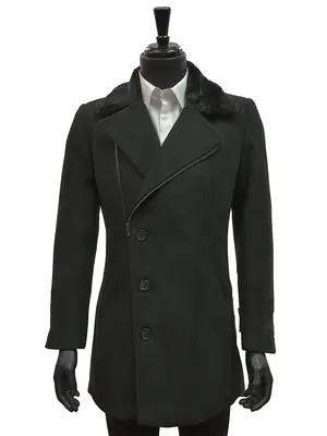 Men Blu Martini Black Faux Fur Collar Angular Zip Wool Blend Slim Fit Peacoat Jacket
