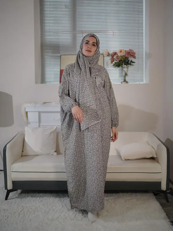 Women's Ditsy Floral Print Zipper Long Sleeve Arabian Dress, Modest Casual Long Dress for Daily Wear, Ladies Islamic Clothing...