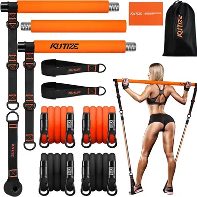 Pilates Bar Kit with Resistance Bands,3-Section Pilates Bar with Stackable Bands,workout sets women,Workout Equipment for Leg...