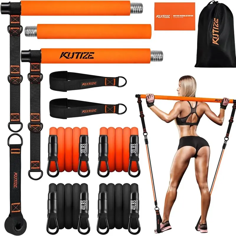 Pilates Bar Kit with Resistance Bands,3-Section Pilates Bar with Stackable Bands,workout sets women,Workout Equipment for Leg...