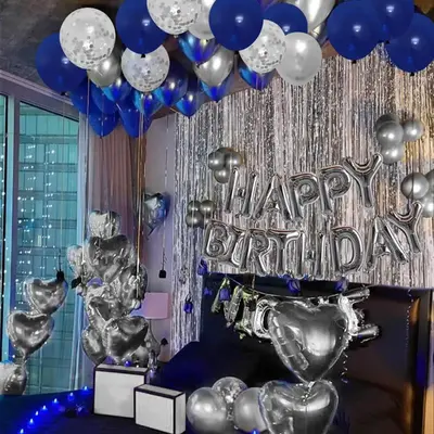 Happy Birthday Letter Balloon Set, Blue Silver Rose Gold Birthday Party Decoration with Foil Curtain, Birthday Balloons, Hear...