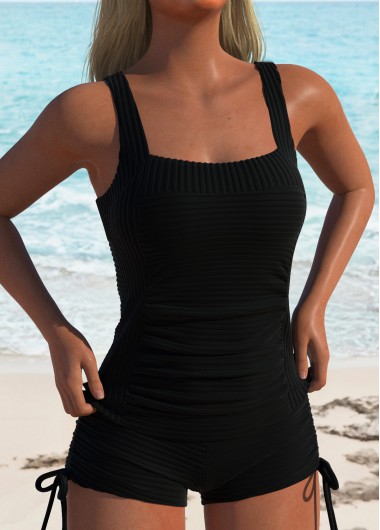 Modlily Square Neck Ruched Black Tankini Set - XL