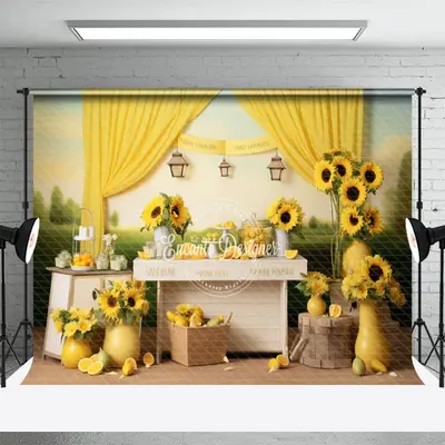 Sunflower Vases Lemon Yellow Curtain Photo Backdrop - Aperturee