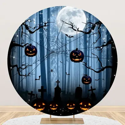 Round Spider Wab Moon Pumpkin Halloween Backdrop