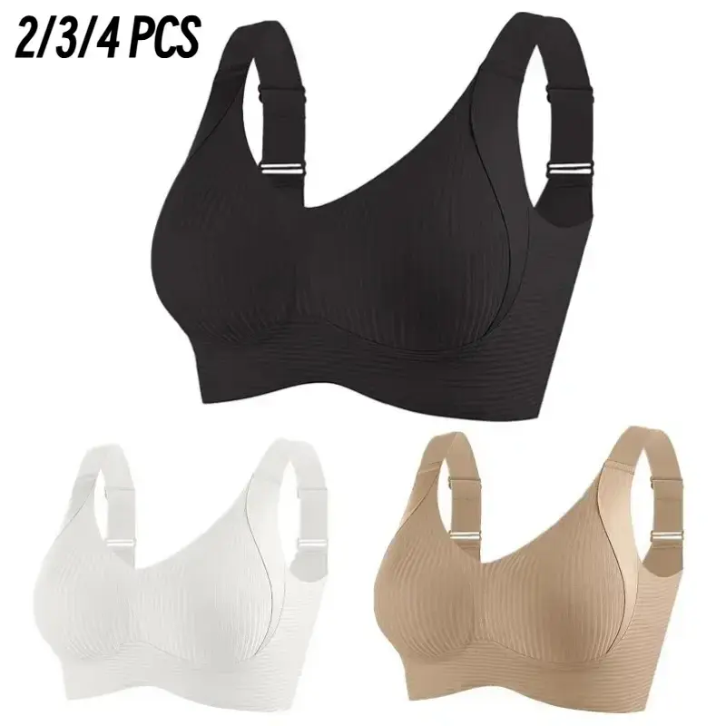 2/3/4PCS EssElegance Women's Solid Four-breasted Adjustable Wireless Bra, Soft Comfortable Breathable Ribbed Push Up Seamless...