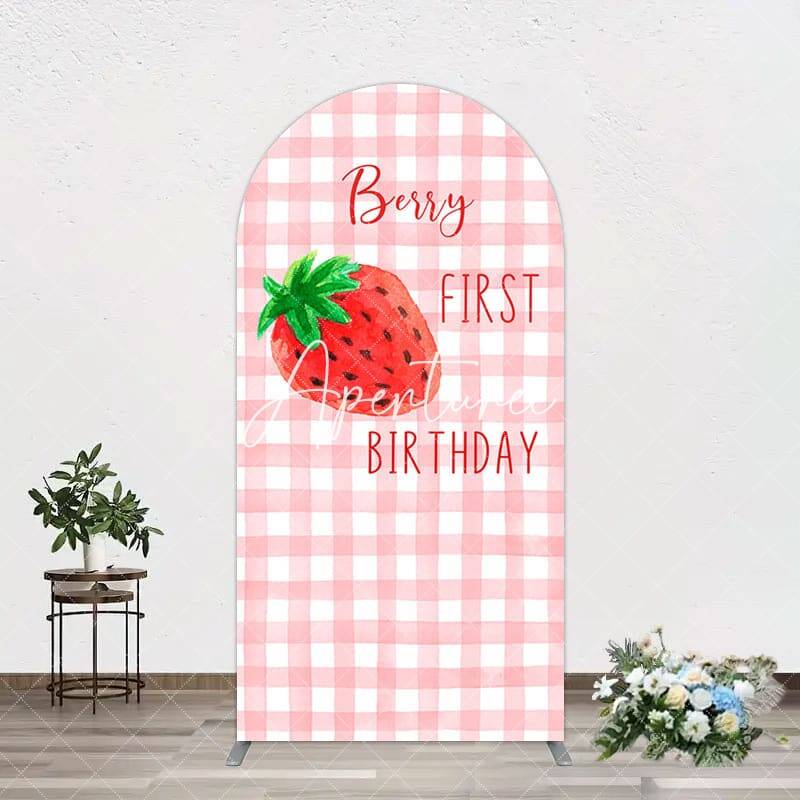 Aperturee Strawberry Pink Plaid 1st Birthday Arch Backdrop, 1.6X4FT(0.5X1.2M), 38.18 USD, arch backdrop kit, XQGD1X20-A