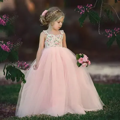 Kids Girls Princess Dress, Wedding Bridesmaid Sleeveless Tutu Dress, Floral Print Party Pageant Dress Tulle