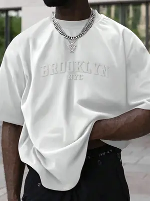 Men's Plain Letter Embossed  Drop Shoulder Tee, Regular Fit Casual Short Sleeve Round Neck T-shirt for Summer, Fashion Men's ...