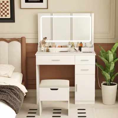 Lifewit Vanity Desk with Mirror, LED Light Strip, Dressing Table with Large Drawer, 3-Level Storage, 3 Brightness, Bedroom Ma...