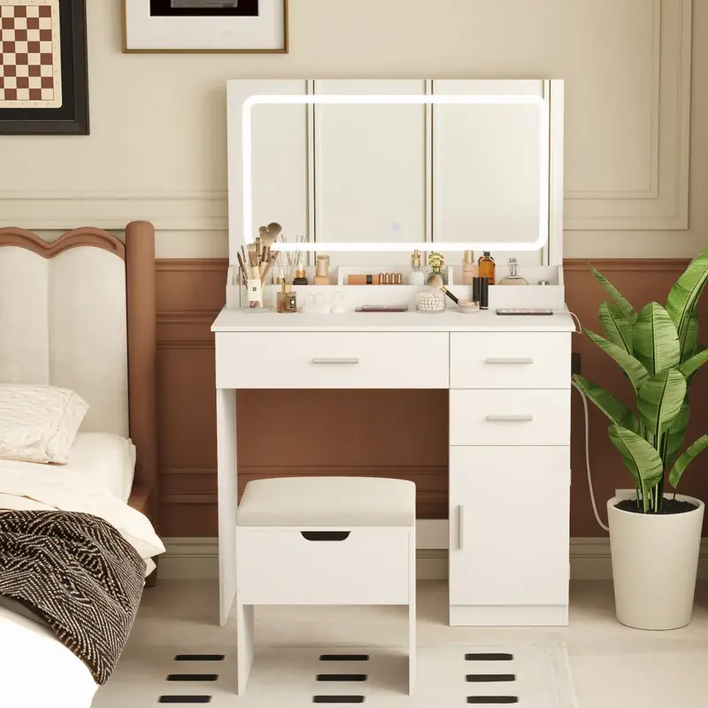 Lifewit Vanity Desk with Mirror, LED Light Strip, Dressing Table with Large Drawer, 3-Level Storage, 3 Brightness, Bedroom Ma...