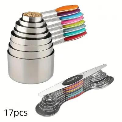 Stainless Steel Measuring Cup & Spoon Set, 9/17/23pcs Colorful Double-sided Magnetic Measuring Cup & Spoon Set, Kitchen Utens...