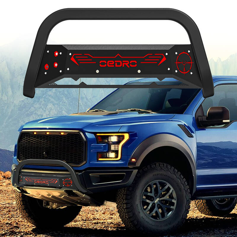 OEDRO® Bull Bar for 2004-2023 Ford F150, Bumper Grille Guard w/Red and Black Skid Plate Light Mount