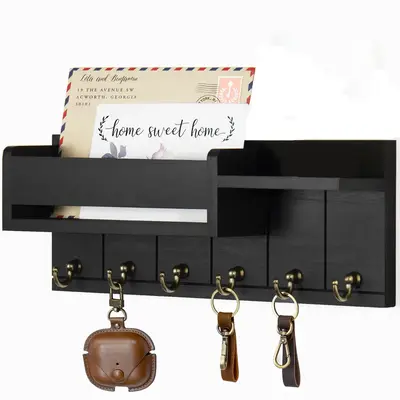 Wall Mounted Key Organizer Storage Holder, 1 Count Wooden Wall Shelf with 6 Key Hooks, Mail Sorter, Home Organizer for Living...