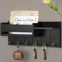 Wall Mounted Key Organizer Storage Holder, 1 Count Wooden Wall Shelf with 6 Key Hooks, Mail Organizer Storage Sorter, Home Or...