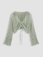 【Plus Size】 Hollow Out Drawstring Sheer Longsleeves Cardigan, Lady Casual Elegant Flounce Sleeve Long Sleeve V Neck Knitw...